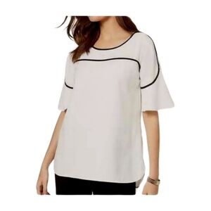 Alfani Womens Cloud White Blk Piped Hi Low Flutter Sleeve Scoop Neck Top-Small